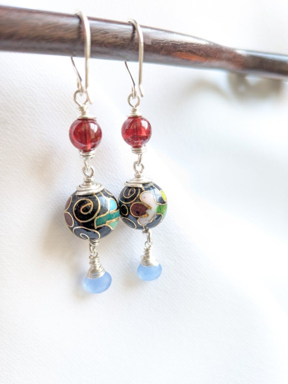 Vintage Cloisonne Earrings with Garnet and Chalcedony in Sterling Silver - Picture 7 of 14